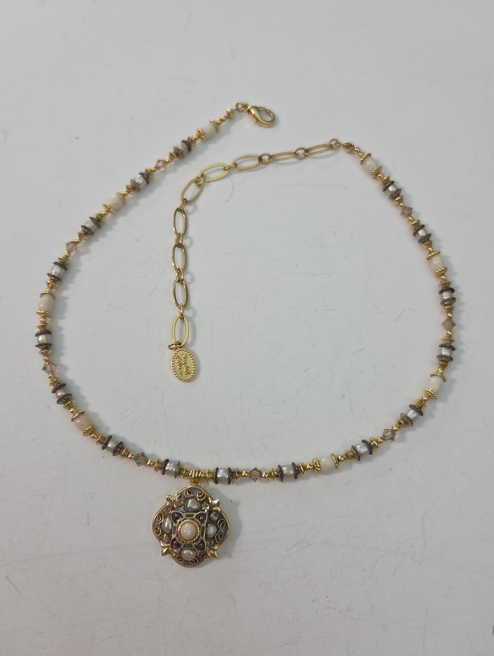 vtg michal golan pearl semi precious stone pendant necklace 18in aprox elegant